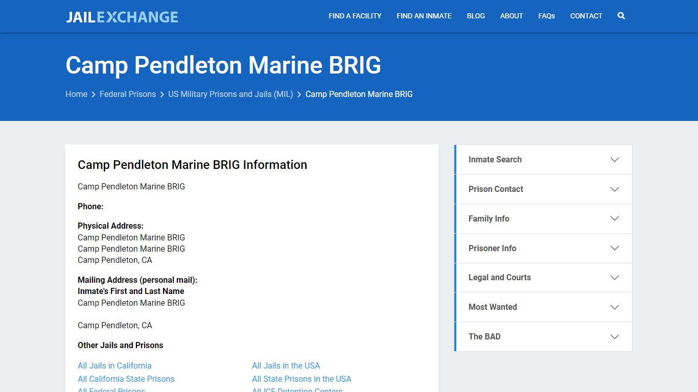 Federal Inmate Search - Camp Pendleton Marine BRIG - Jail Exchange