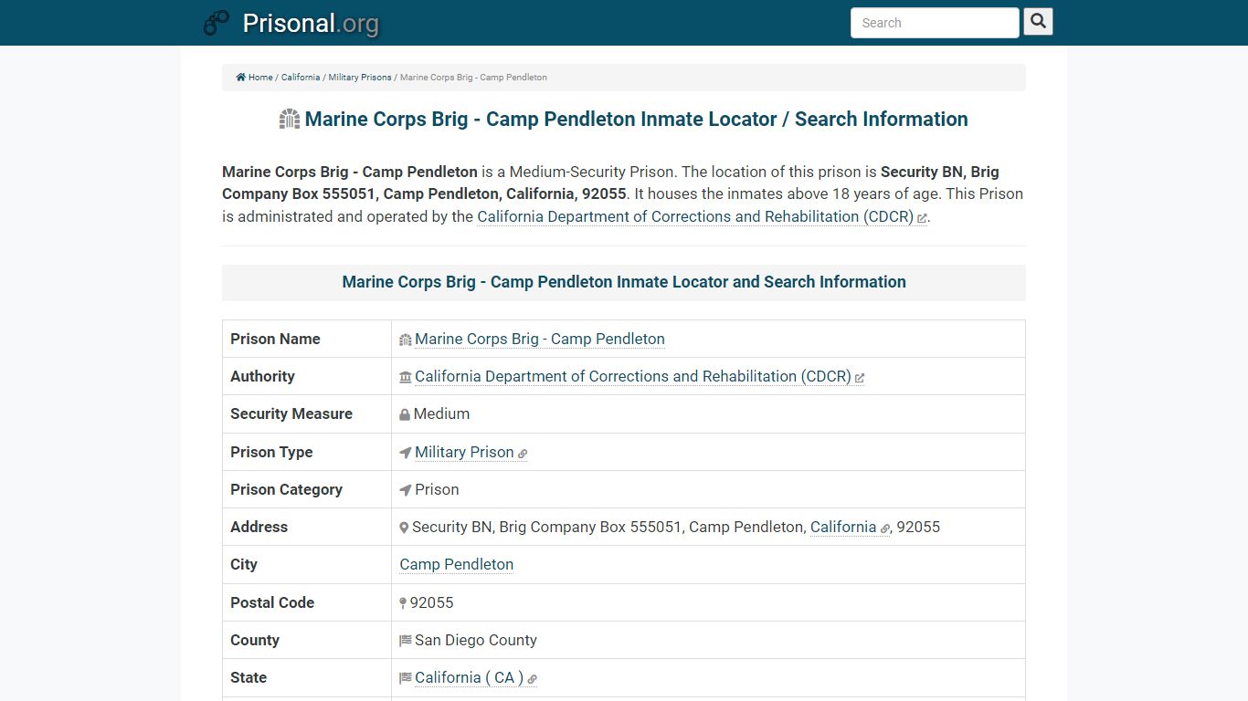 Marine Corps Brig - Camp Pendleton-Inmate Locator/Search Info, Phone ...